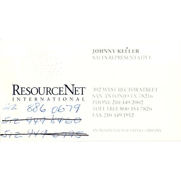 ResourceNet International Johnny Keller San Antonio TX Business Card STK2-BC5-1 - Picture 1 of 2